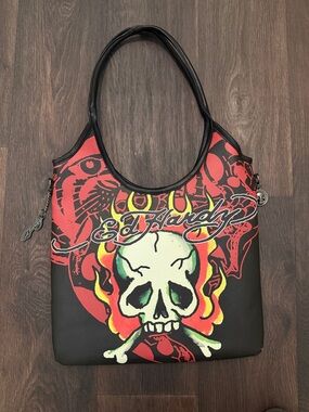 Ed Hardy Black Red Yellow Skull Flame Shoulder Bag